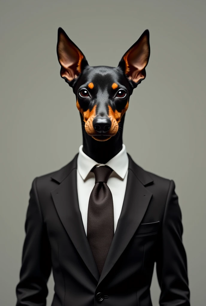 Pinscher dog in designer suit with sexy smile showing teeth with closed mouth serious 