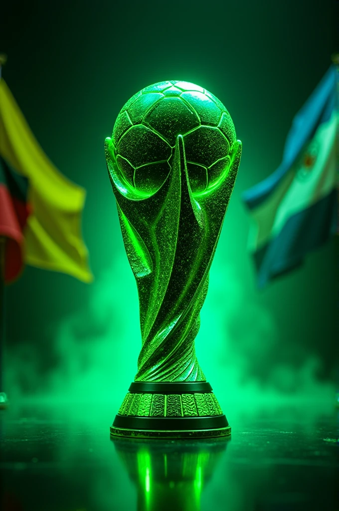 Create a flyer showing the expectation of a new World Cup where the trophy and the flyer have a neon green color , The World Cup is called UTEL and it is in September with the flags of the countries of Germany, colombia, argentina , Mexico, France