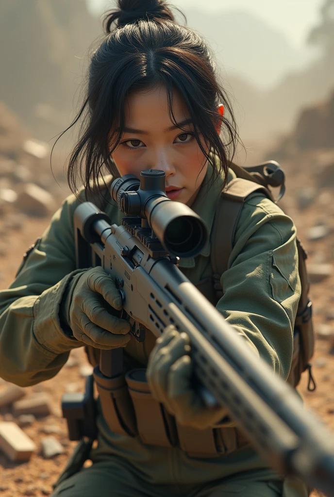 photorealistic、Realistic skin textures、A beautiful Japanese woman belonging to the hong kong military is aiming with a MK 22 sniper rifle.、on  a high ground、On the rubble、brown dust smoke、Action poses with movement、Image from front top