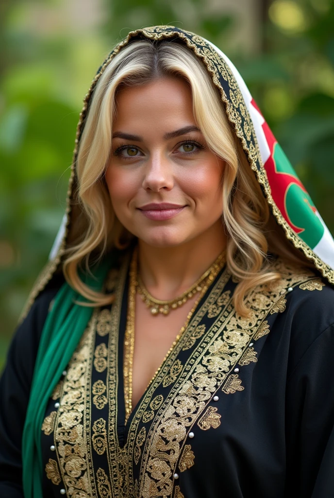 Close up, woman, plump, blonde, wearing, black Algerian caftan, decorated with gold threads, with scarf, painted on it the Algerian flag in white and green, perfect clarity of the entire image, sharpness of the face and eyes, intricate details 64k 32k HDset green nature background