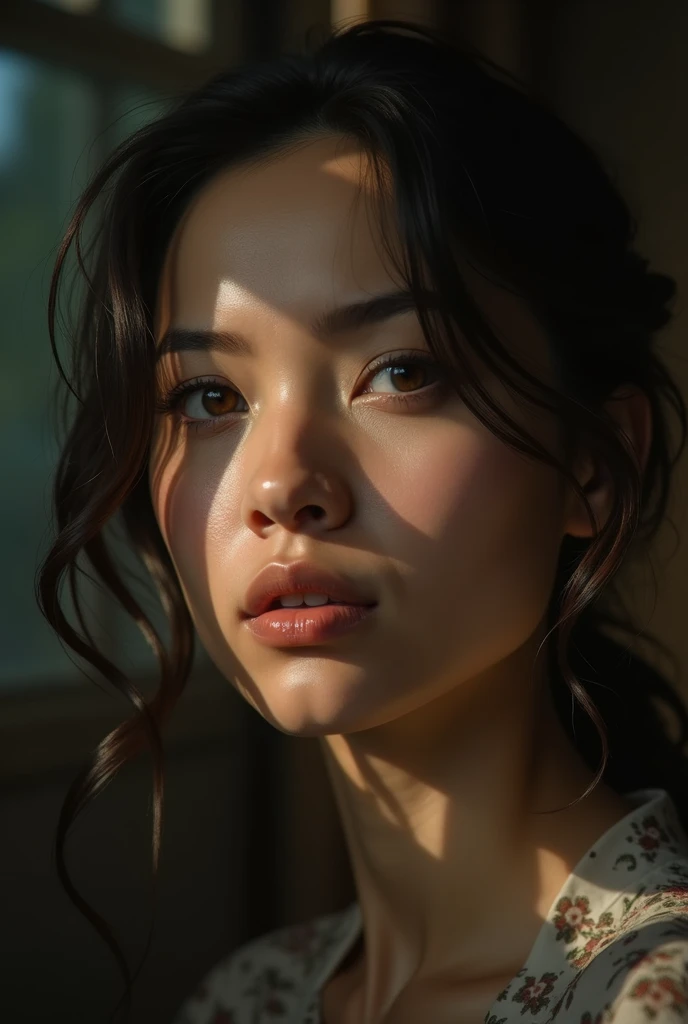A highly detailed, emotionally intelligent portrait of a thoughtful woman, dramatic lighting, soft focus, realistic, oil painting, dramatic colors, cinematic composition