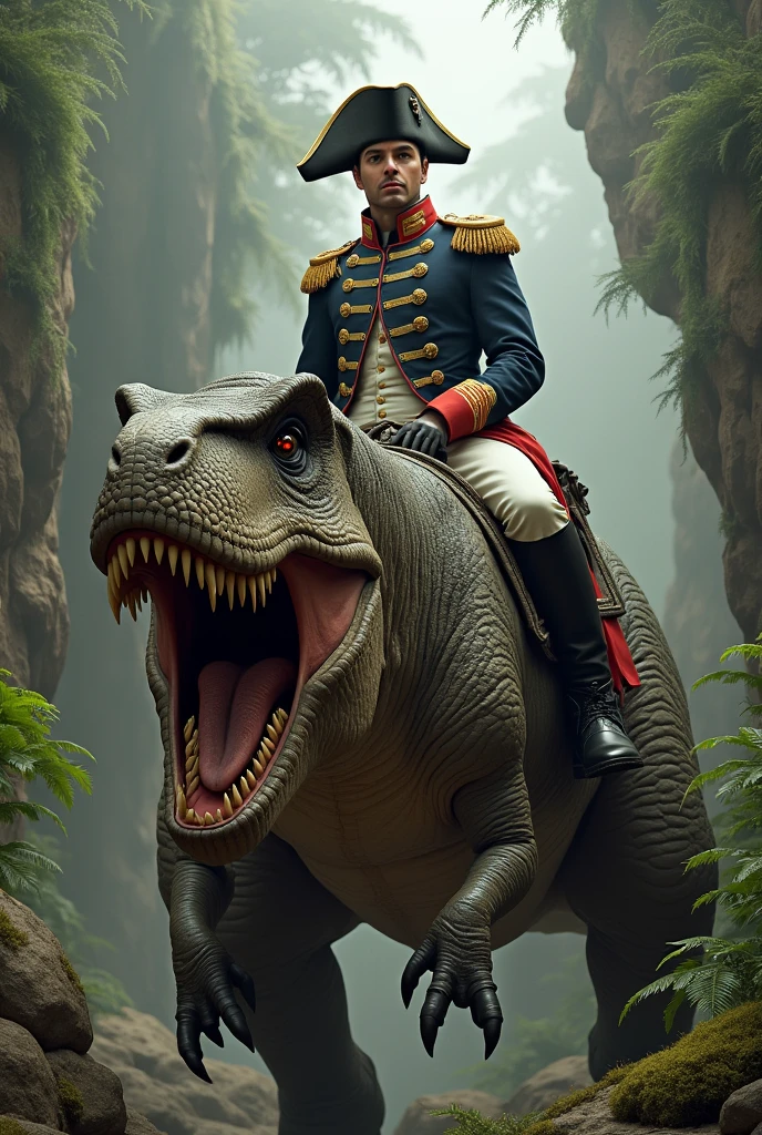 Fais moi une photo de Napoleon a dos de t-rex