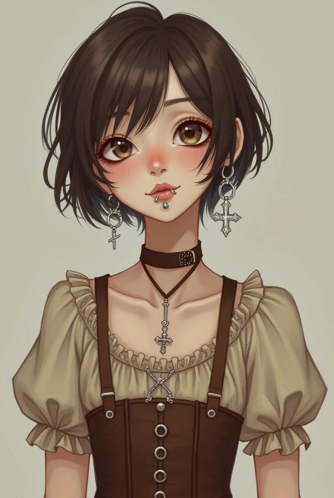 Create me as a character. I am a non-binary female person. Tenho 1,60 tall. I have very short brown hair like a boy's. the hair is parted in the middle, bent back. My eyes are light brown, I have fair skin. I wear 2 piercings in my nose and 3 in my mouth and silver earrings in the shape of a cross.. I wear a very peasant beige dress with a brown corset. I'm 2 and I have dark circles under my eyes.