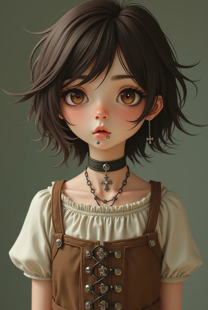 Create me as a character. I am a non-binary female person. Tenho 1,60 tall. I have very short brown hair like a boy's. the hair is parted in the middle, bent back. My eyes are light brown, I have fair skin. I wear 2 piercings in my nose and 3 in my mouth and silver earrings in the shape of a cross.. I wear a very peasant beige dress with a brown corset. I'm 2 and I have dark circles under my eyes.