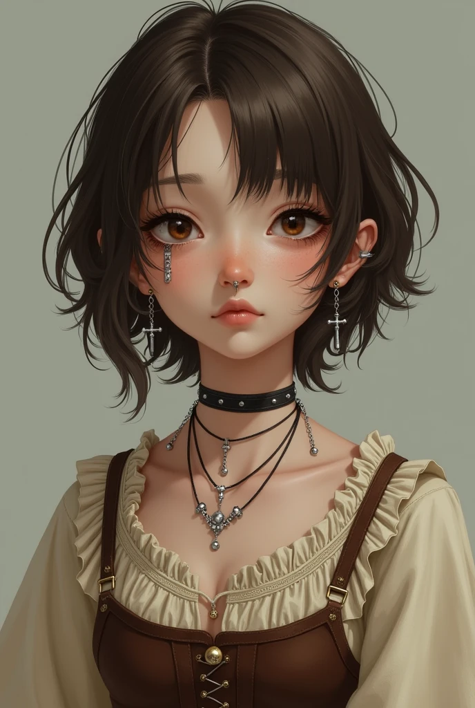 Create me as a character. I am a non-binary female person. Tenho 1,60 tall. I have very short brown hair like a boy's. the hair is parted in the middle, bent back. My eyes are light brown, I have fair skin. I wear 2 piercings in my nose and 3 in my mouth and silver earrings in the shape of a cross.. I wear a very peasant beige dress with a brown corset. I'm 2 and I have dark circles under my eyes.