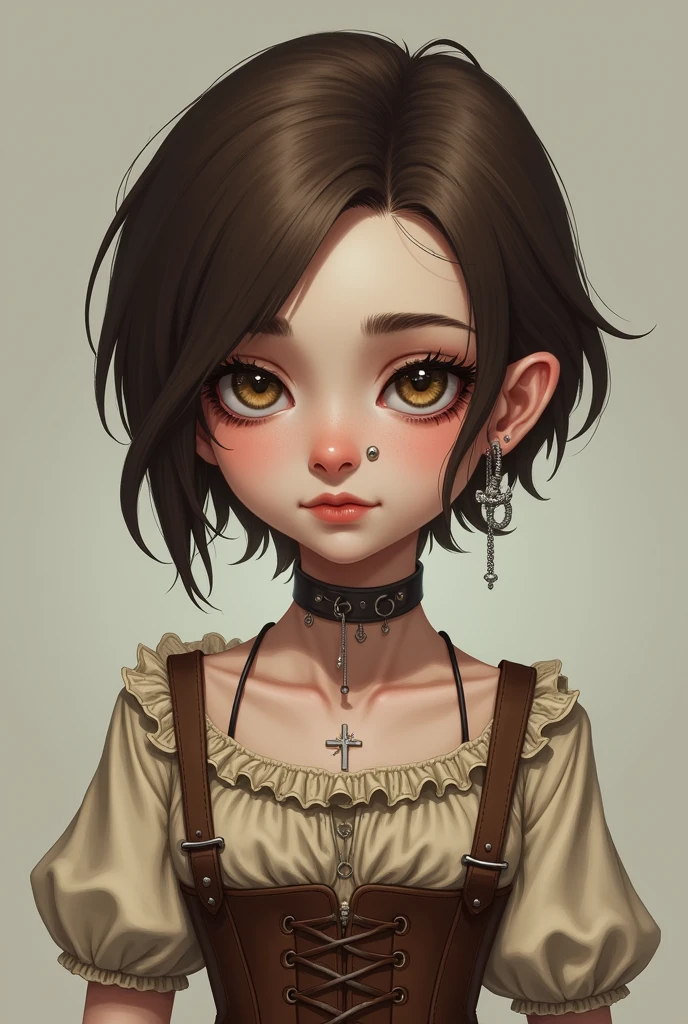 Create me as a character. I am a non-binary female person. Tenho 1,60 tall. I have very short brown hair like a boy's. the hair is parted in the middle, bent back. My eyes are light brown, I have fair skin. I wear 2 piercings in my nose and 3 in my mouth and silver earrings in the shape of a cross.. I wear a very peasant beige dress with a brown corset. I'm 2 and I have dark circles under my eyes.