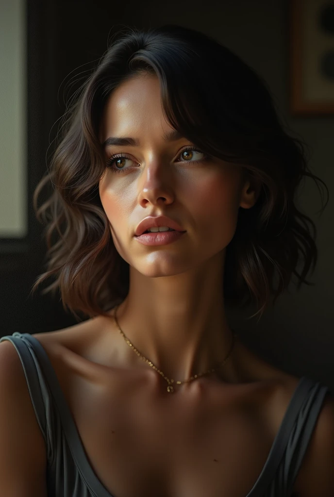 A highly detailed, emotionally intelligent portrait of a thoughtful woman, dramatic lighting, soft focus, realistic, oil painting, dramatic colors, cinematic composition