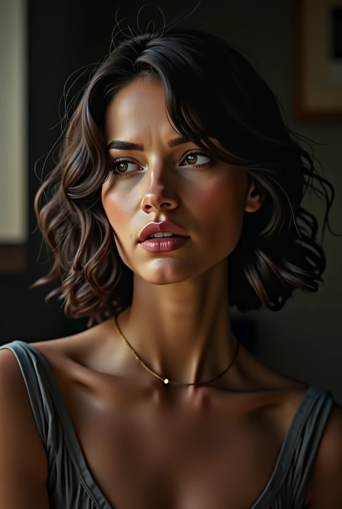 A highly detailed, emotionally intelligent portrait of a thoughtful woman, dramatic lighting, soft focus, realistic, oil painting, dramatic colors, cinematic composition