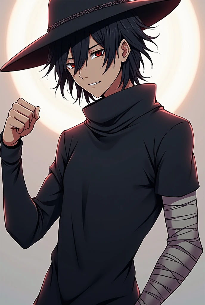 An anime-style character inspired by Gojo, but with some key differences:
Black hair: The character has straight black hair that falls slightly messy over his forehead.
Hat: He wears a dark, modern-style hat, giving him a mysterious aura.
Camibuso: He is dressed in a dark, form-fitting camibuso (a mix between a shirt and a sweatshirt) that highlights his athletic build.
Bandages on the right arm: His right arm is wrapped in bandages, as if covering wounds or tattoos, adding an enigmatic touch.
Gojo-like style: The character retains an elegant and confident appearance, with a relaxed and self-assured posture.
Pose like Gojo in the fight against Sukuna: The character is striking a pose similar to Gojo's during his fight with Sukuna, exuding power and confidence, with his hand raised and a determined, intense expression on his face.