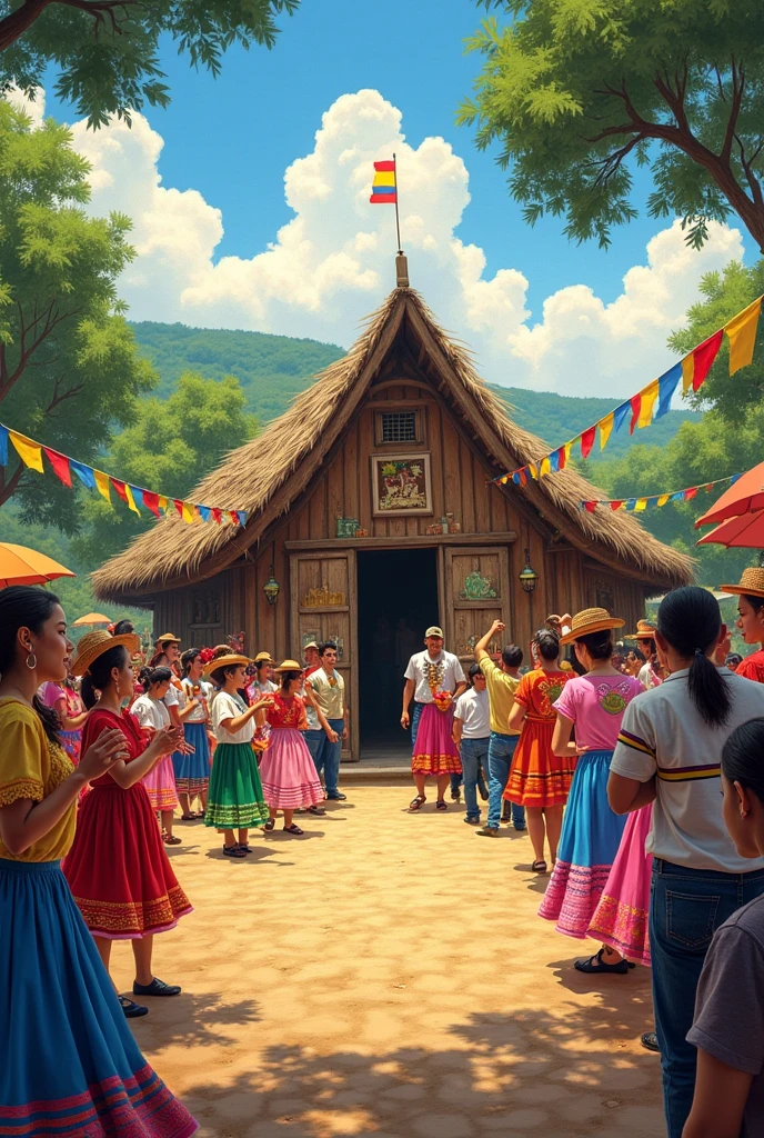 Make a drawing of Marco Fidel Suárez's hut and around it a party activity of beautiful Antioquia