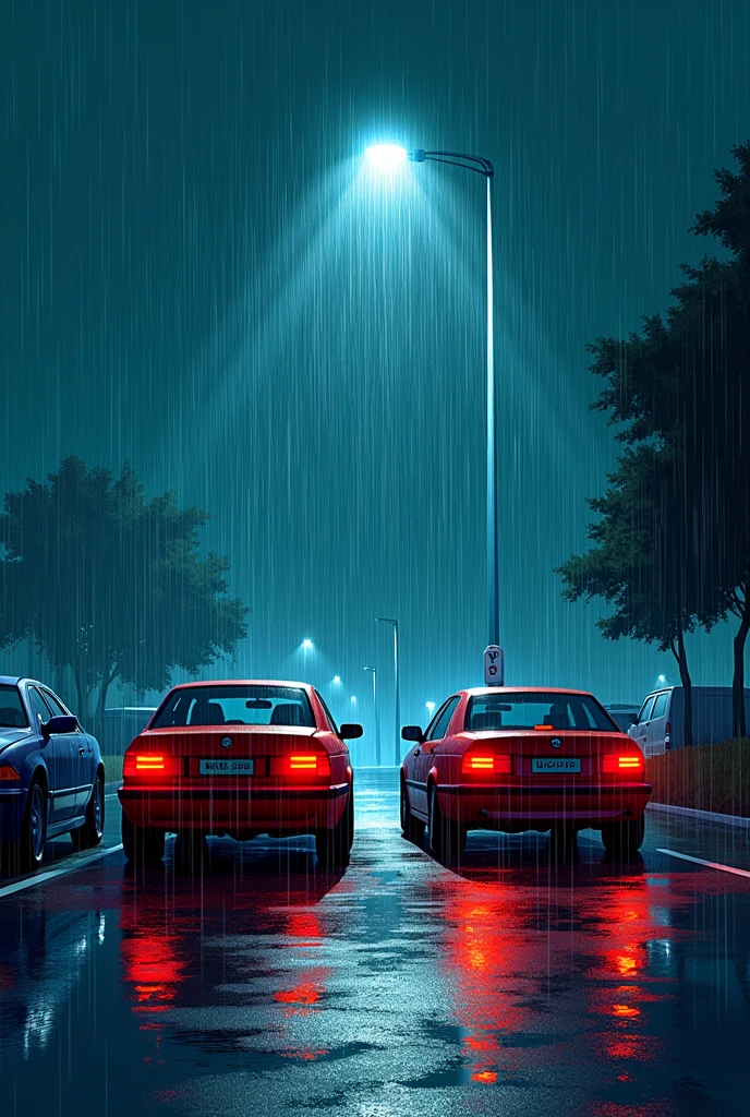 Pluie battante qui tomberait sur des voitures de nuit avec un lampadaire en guise d'éclairage les voitures de face, elle appuie très bien détaillée. Un léger est fait devant de gauche à droite dans un style graphique. Bande dessinée française 2D les couleurs de la pluie doivent bien ressortir et sembler être crayonné au crayon couleur les gouttes de pluie doivent être visibles et très bien détaillé les voitures doivent être garé sur un parking. On doit pouvoir voir les gouttes de pluie style grosse goutte qui tombe