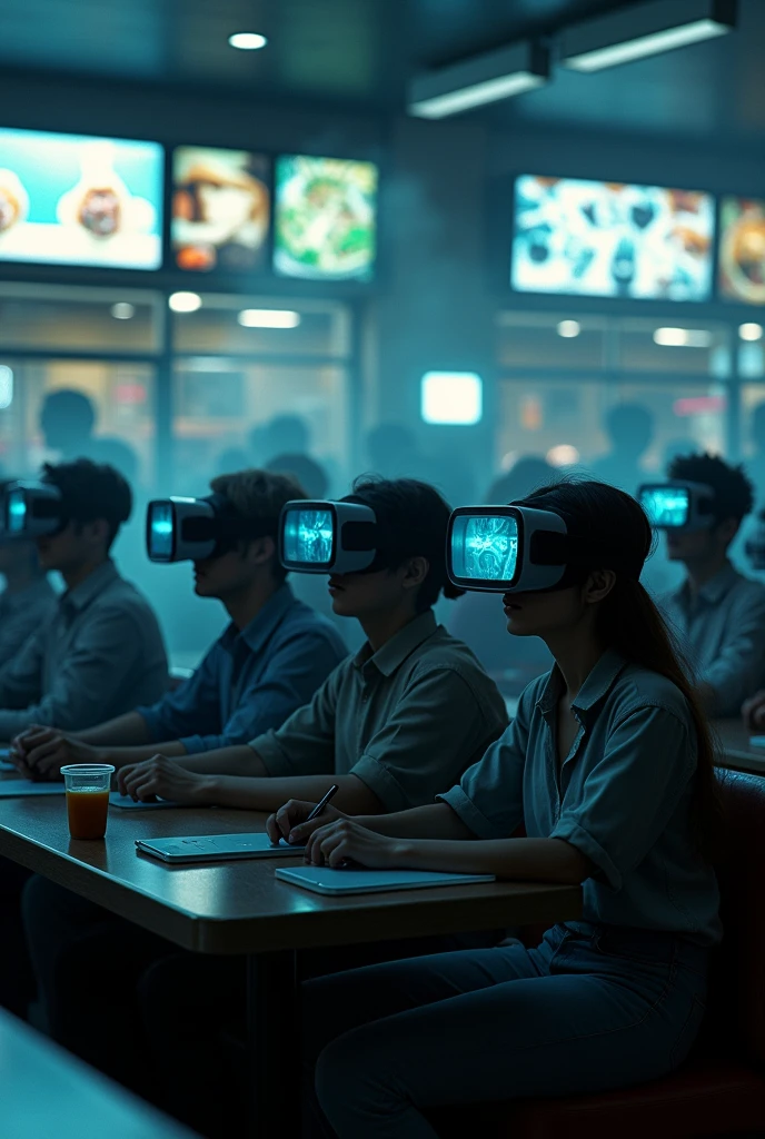 Concept: A congregation of people seated in a fast-food restaurant, each person with a headset on, connected to their own screen showing images of fast food, pornography, and shopping sites. They’re all oblivious to each other, immersed in their individual experiences of consumerism and pleasure.