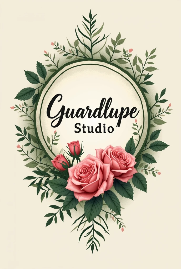 Create a logo for my studio, it will be a custom rosary workshop, he will be called: Guardalupe Studio. The name is inspired by Our Lady of Guardalupe, I would like a logo with roses in pink and green colors