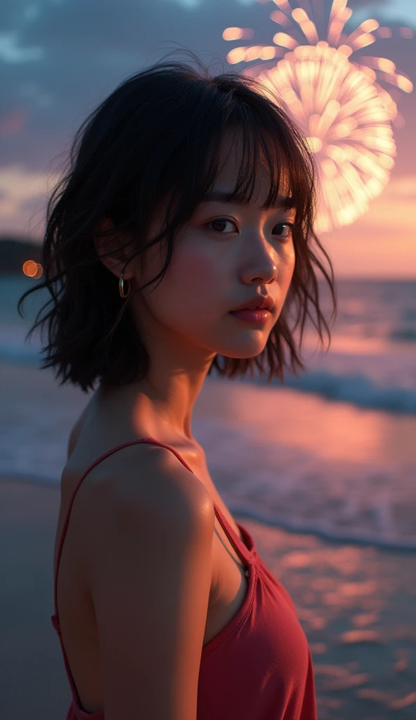 Japanese、Age 25、sister、Randomly generated people with diverse facial features and hairstyles、Perfect Anatomy,Ocean、Beach、firework、Night Sky、打ち上げfirework、目をOceanつぶる、Mature woman、8k