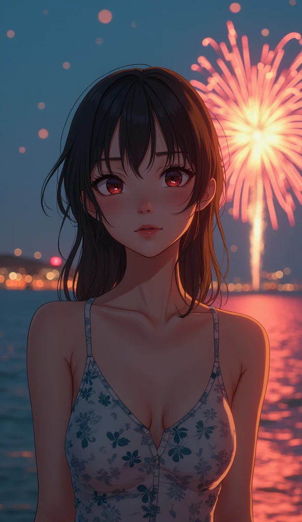 Japanese、Age 25、sister、Randomly generated people with diverse facial features and hairstyles、Perfect Anatomy,Ocean、Beach、firework、Night Sky、打ち上げfirework、目をOceanつぶる、Mature woman、8k