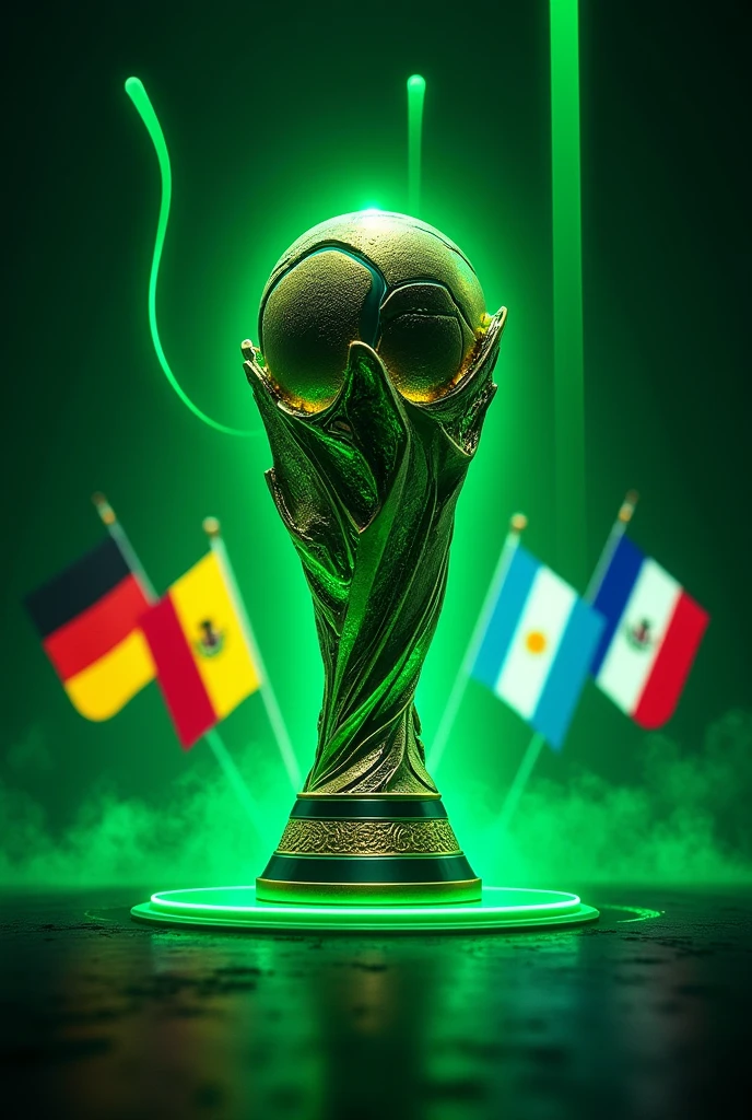 Create a flyer showing the expectation of a new World Cup where the trophy and the flyer have a neon green color , The World Cup is called UTEL and it is in September with the flags of the countries of Germany, colombia, argentina , Mexico, France