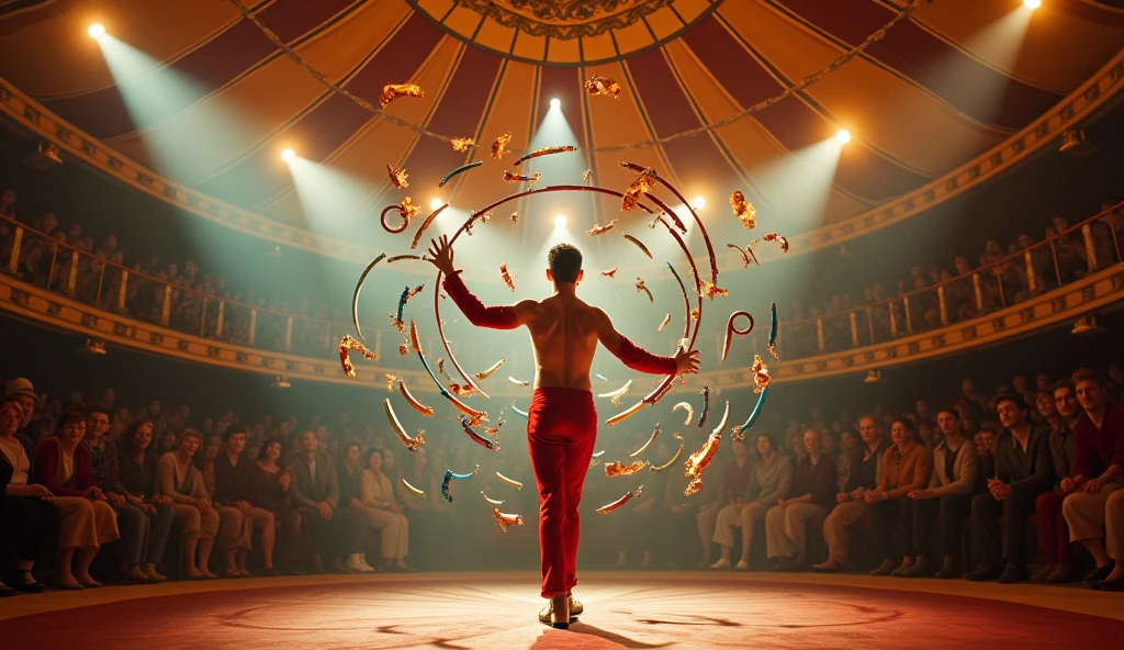 design a cinematic pic of a juggler performing a complex routine in circus