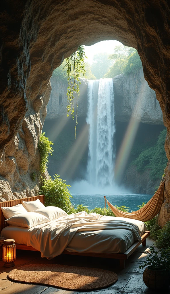 A bedroom carved inside a rocky cave with a window that opens up to a cascading waterfall. Sunlight streams through the water, creating rainbow reflections that dance on the cave walls. Lush greenery surrounds the waterfall, with vines and moss adding a touch of wilderness. Inside, the room features natural stone elements, cozy lantern lighting, and a hammock chair, blending the raw beauty of the cave with comfort.