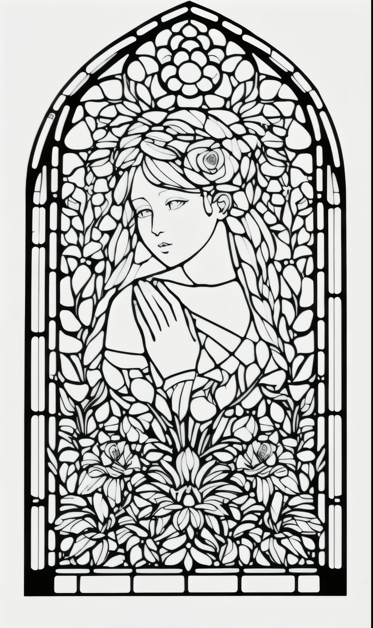 Masterpiece, Top Class, Unique, White Rose, Line Art Background, White Background, Monochrome, Line Drawing, ((Sketch)), Cathedral, Stained Glass Window, monochrome, line drawing