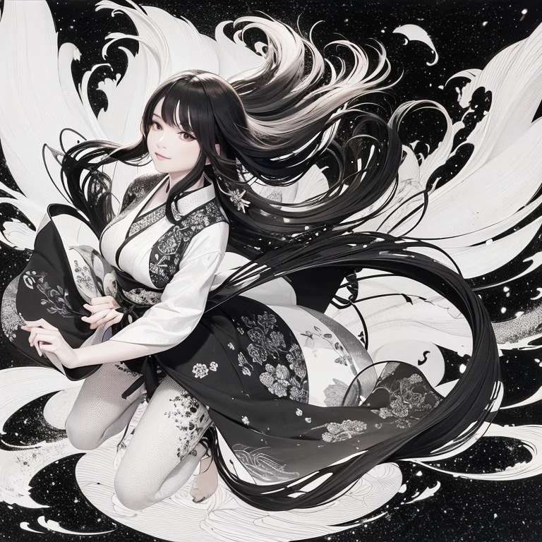 A work like a sumi-e painting, Painted with a Japanese brush, Dynamic painting, One Woman, Indian, Hair blowing in the wind, Very beautiful woman, Flower Storm, Mandala, Monochrome, Please only color the flowers, The human body structure is accurate, smile