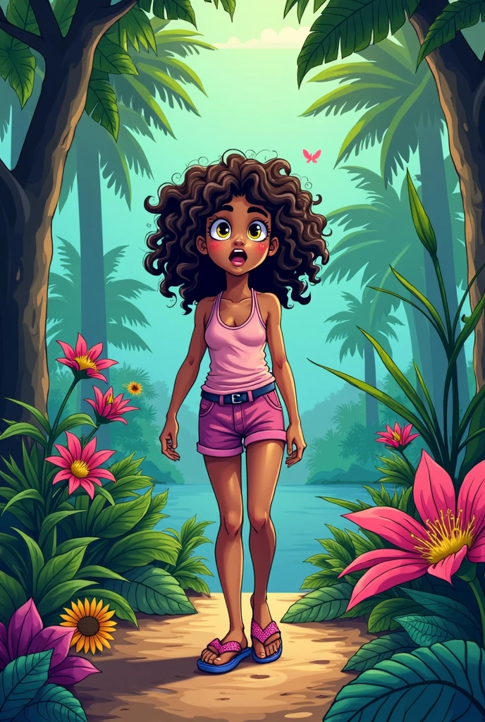 A young teenage girl with tanned skin, yellow eyes and curly curly hair leaving an island inside a small boat, She's excited, she is wearing pink havaianas, I want vibrant and very eye-catching colors, comic book style.