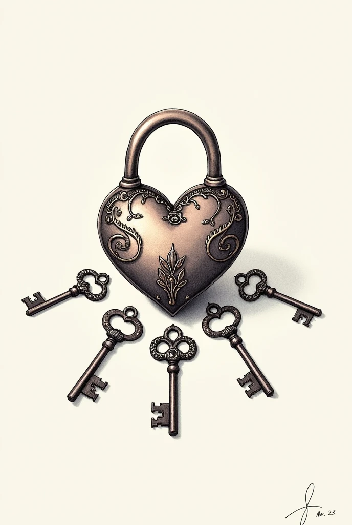 Heart padlock drawing with 3 keys