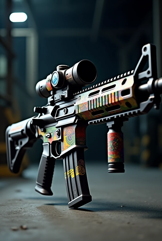 A rifle with flash stickers