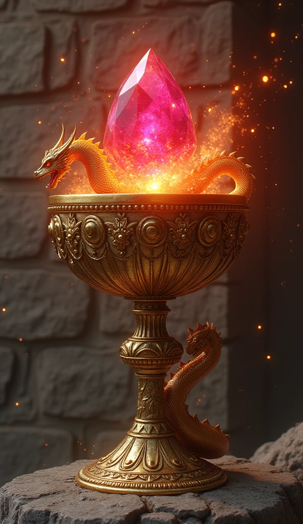 A grand golden chalice adorned with a radiant ruby in its center, perched atop a small, fiery dragon. The chalice and dragon are set against a backdrop of a rugged, stone wall, creating an enchanting and mystical atmosphere. The dragon, with its glowing eyes and sinuous form, seems to be guarding the precious ruby within the chalice. The golden chalice and the ruby it holds emit a warm, inviting glow, casting intricate shadows on the stone wall behind them.