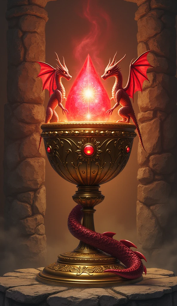 A grand golden chalice adorned with a radiant ruby in its center, perched atop a small, fiery dragon. The chalice and dragon are set against a backdrop of a rugged, stone wall, creating an enchanting and mystical atmosphere. The dragon, with its glowing eyes and sinuous form, seems to be guarding the precious ruby within the chalice. The golden chalice and the ruby it holds emit a warm, inviting glow, casting intricate shadows on the stone wall behind them.