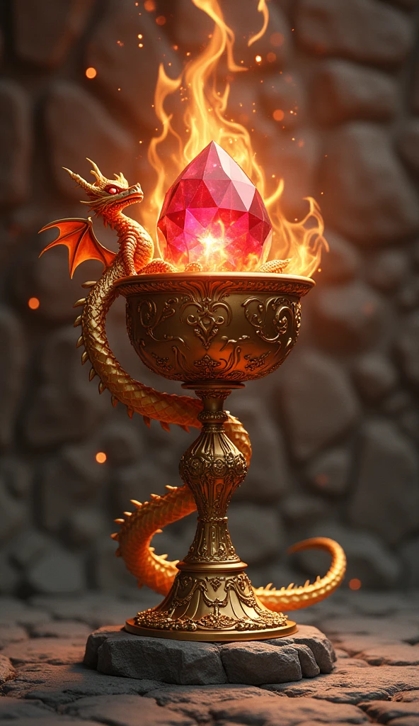 A grand golden chalice adorned with a radiant ruby in its center, perched atop a small, fiery dragon. The chalice and dragon are set against a backdrop of a rugged, stone wall, creating an enchanting and mystical atmosphere. The dragon, with its glowing eyes and sinuous form, seems to be guarding the precious ruby within the chalice. The golden chalice and the ruby it holds emit a warm, inviting glow, casting intricate shadows on the stone wall behind them.