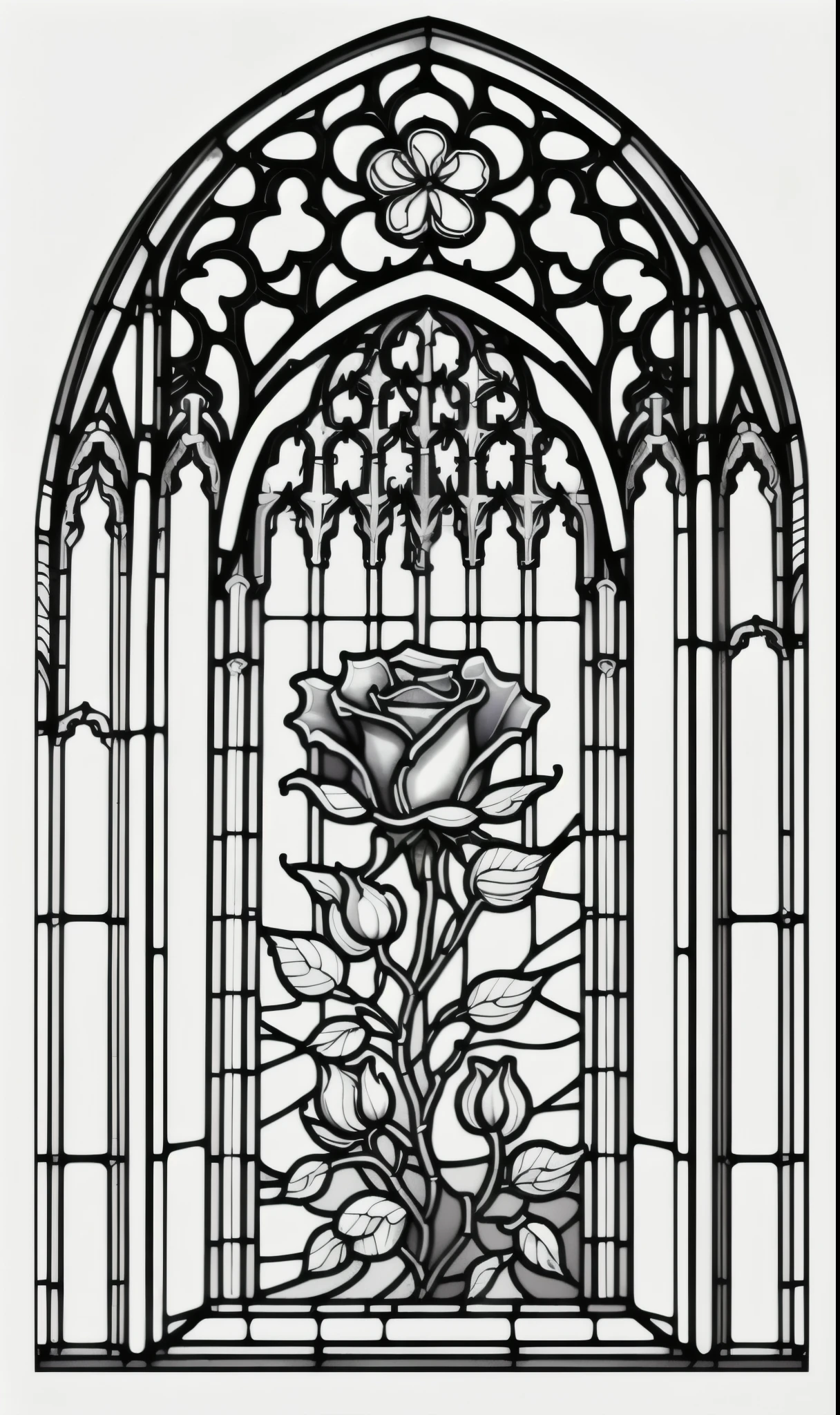 Masterpiece, Top Class, Unique, White Rose, Line Art Background, White Background, Monochrome, Line Drawing, ((Sketch, Cathedral)), Stained Glass Window, monochrome, line drawing