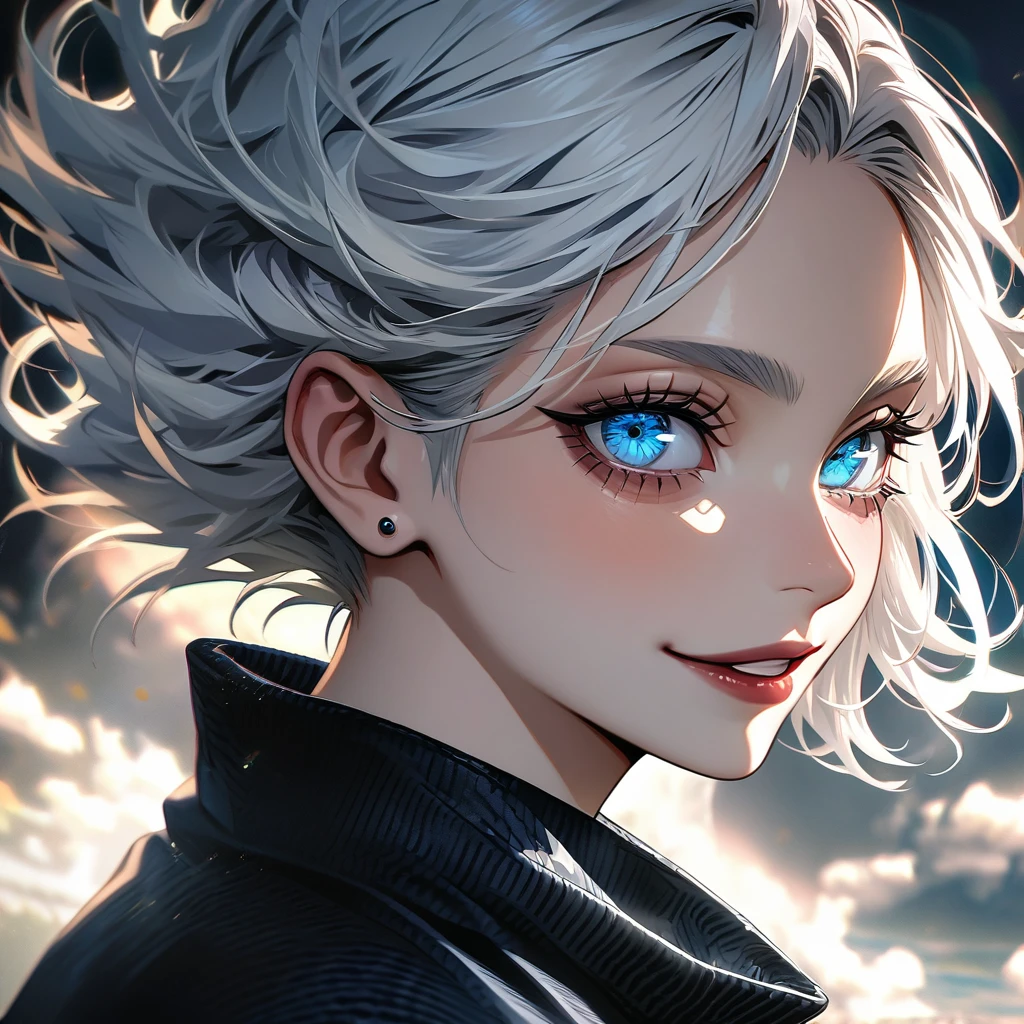 ultra detailed, High resolution, HdR, absurdities, satoru gojo woman, White hair, long, wavy, blue eyes, steal with style, piercing, attractive woman, Extremely pretty and very detailed eyes, Tender smile, Jujutsu Kaisen