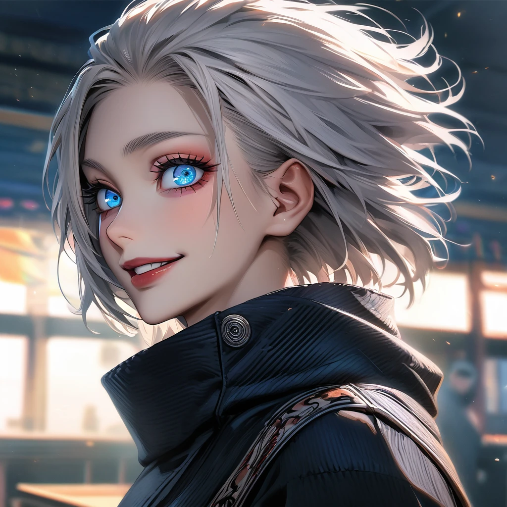 ultra detailed, High resolution, HdR, absurdities, satoru gojo woman, White hair, long, wavy, blue eyes, steal with style, piercing, attractive woman, Extremely pretty and very detailed eyes, Tender smile, Jujutsu Kaisen