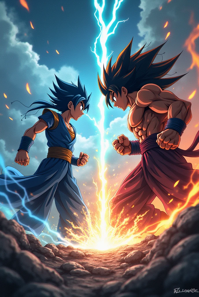 Make Two Anime Characters, full of power, staring at each other