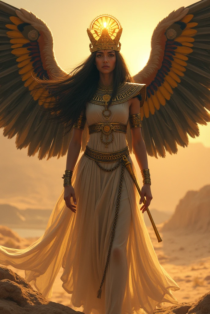 It shows Isis with an expression of despair, Searching for Osiris in an arid Egyptian desert landscape, with the Nile in the distance. Your attire must be majestic, with a sun headdress and outstretched wings to show his power.