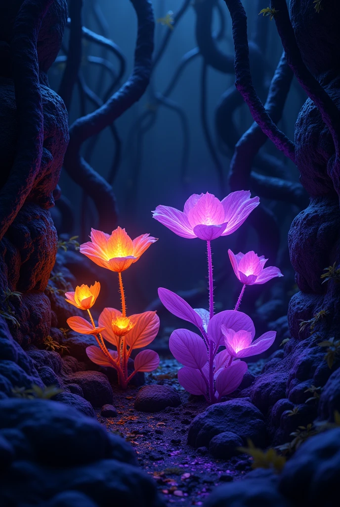 Puple and orange, glowing plants in black background with dark blue glowing vines