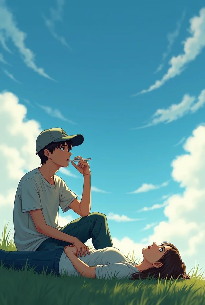 Young man with cap smoking accompanied by woman lying down looking at the sky