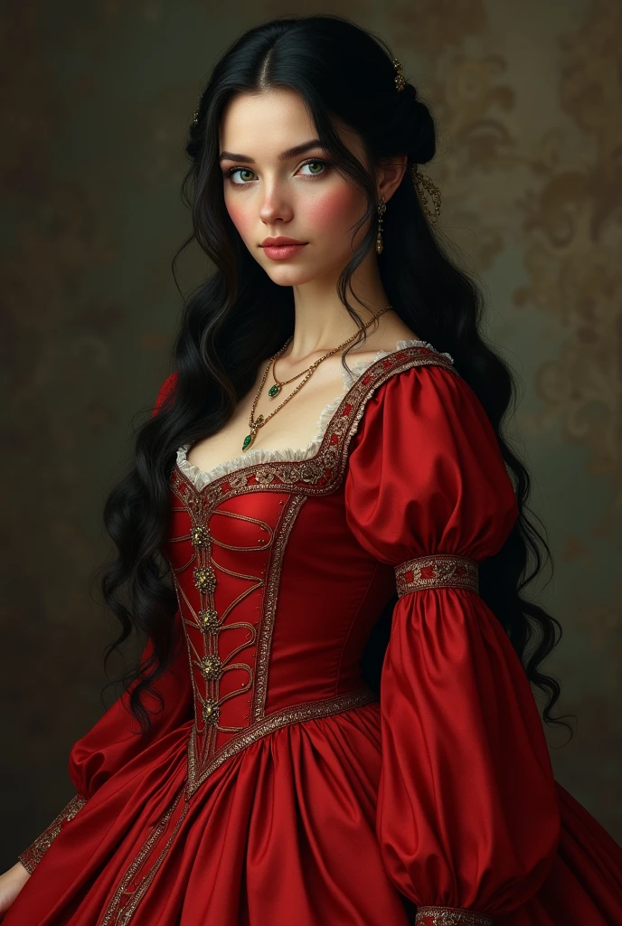 A beautiful, dark-haired woman with green eyes wearing a red dress around 1472