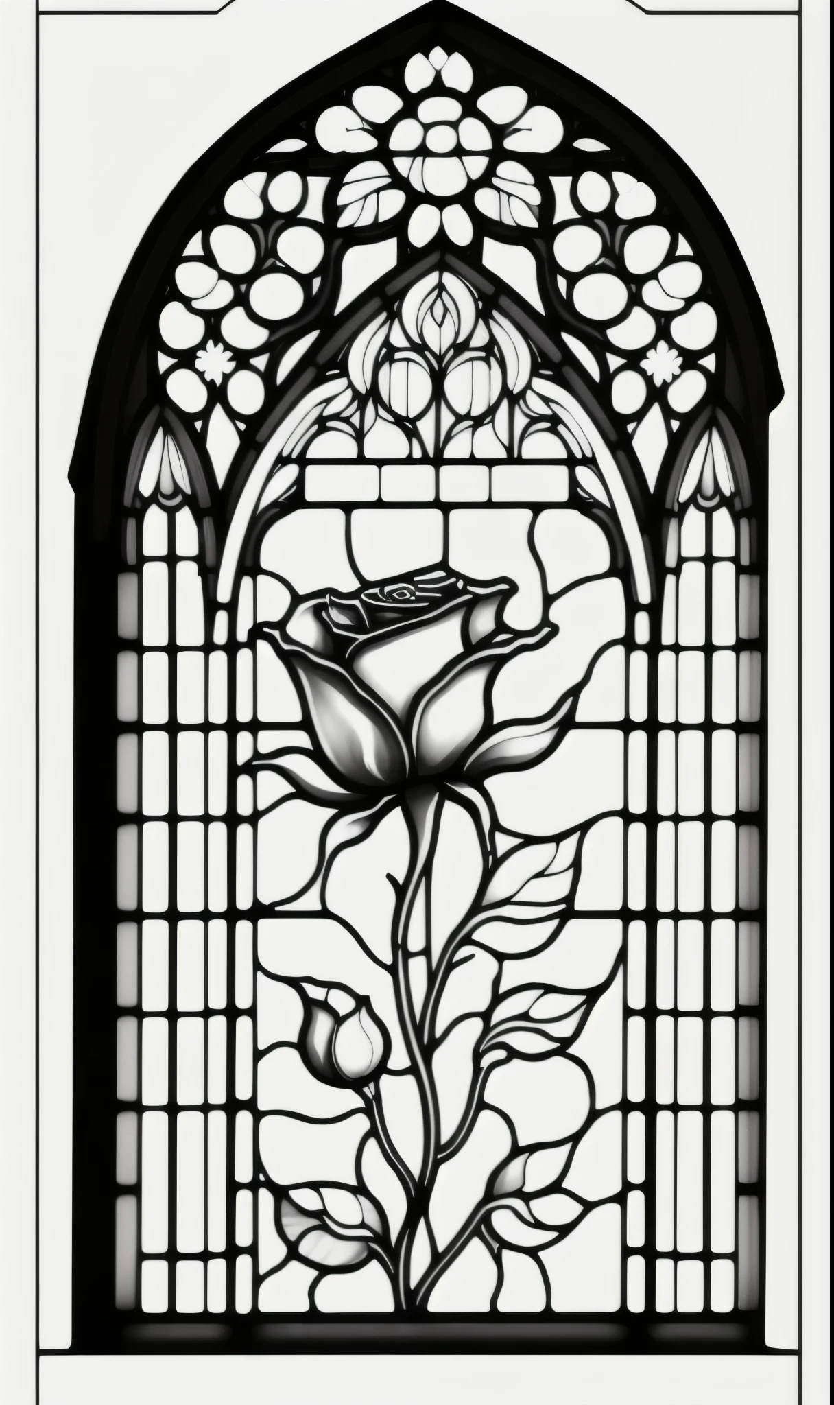 Masterpiece, Top Class, Unique, White Rose, Line Art Background, White Background, Monochrome, Line Drawing, ((Sketch, Cathedral)), Stained Glass Window, monochrome, line drawing