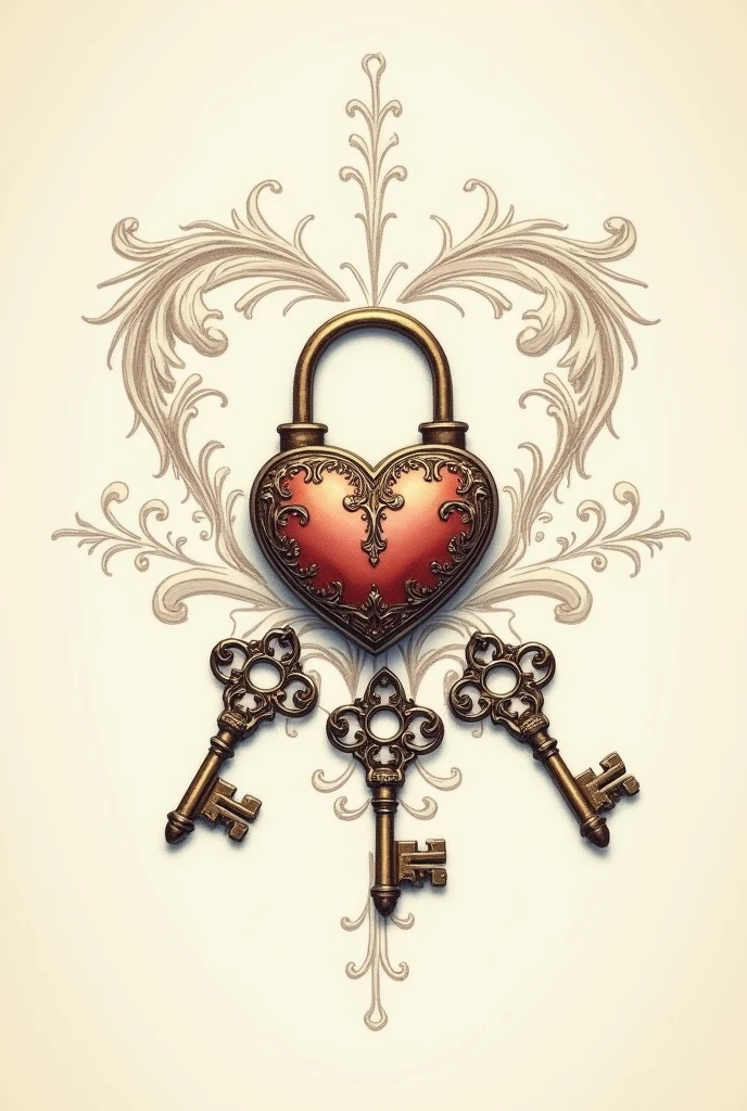 Heart padlock drawing with 3 keys 