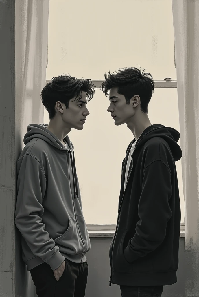 Colorless painting of two twenty-year-old boys talking