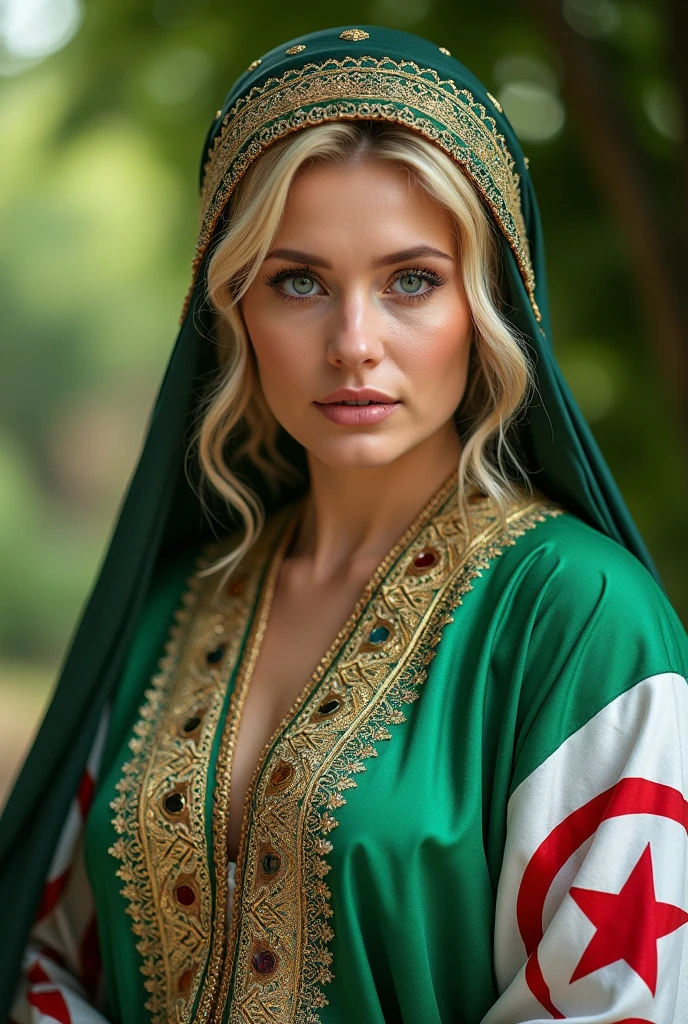 Close-up portrait of a blonde woman, gorda, dressed in a black Algerian caftan, decorated with golden threads, with a handkerchief, with the Algerian flag painted in white and green, perfect clarity of the entire image, sharpness of face and eyes, intricate. details 64K 32K HDset green nature background
