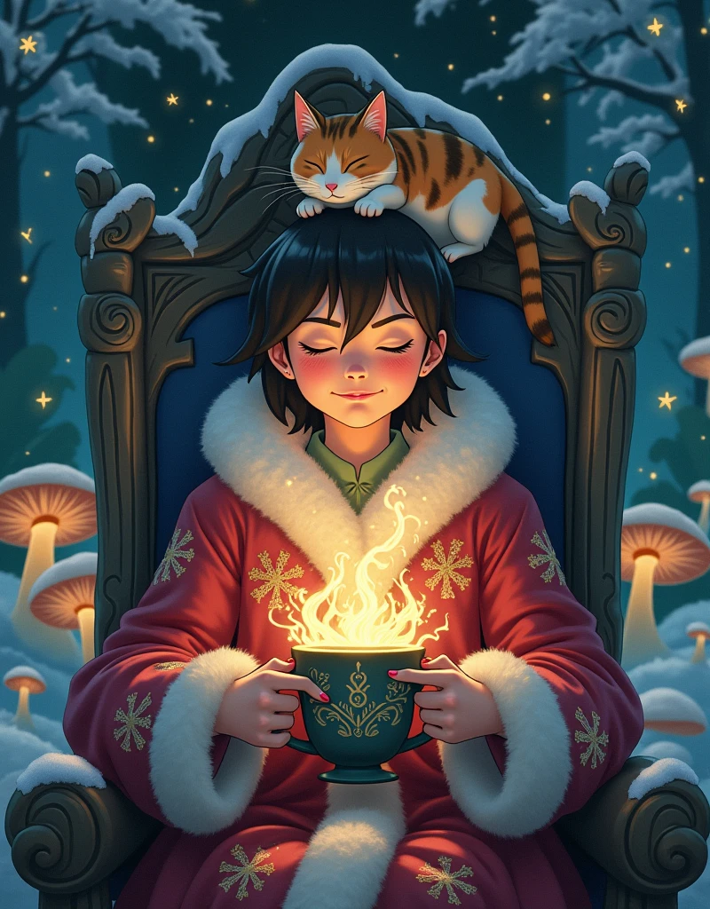 Ghibli Studio style, vibrant colors, close-up of a beautiful enchantress's hands holding a mug overflowing with swirling, luminescent mist. She wears a richly embroidered mage coat with fur accents, seated in a throne carved from a living tree that glows with runes. A calico cat sleeps peacefully on her head, glowing mushrooms around, snowflakes drifting into her grove dwelling, a sense of powerful yet gentle magic.