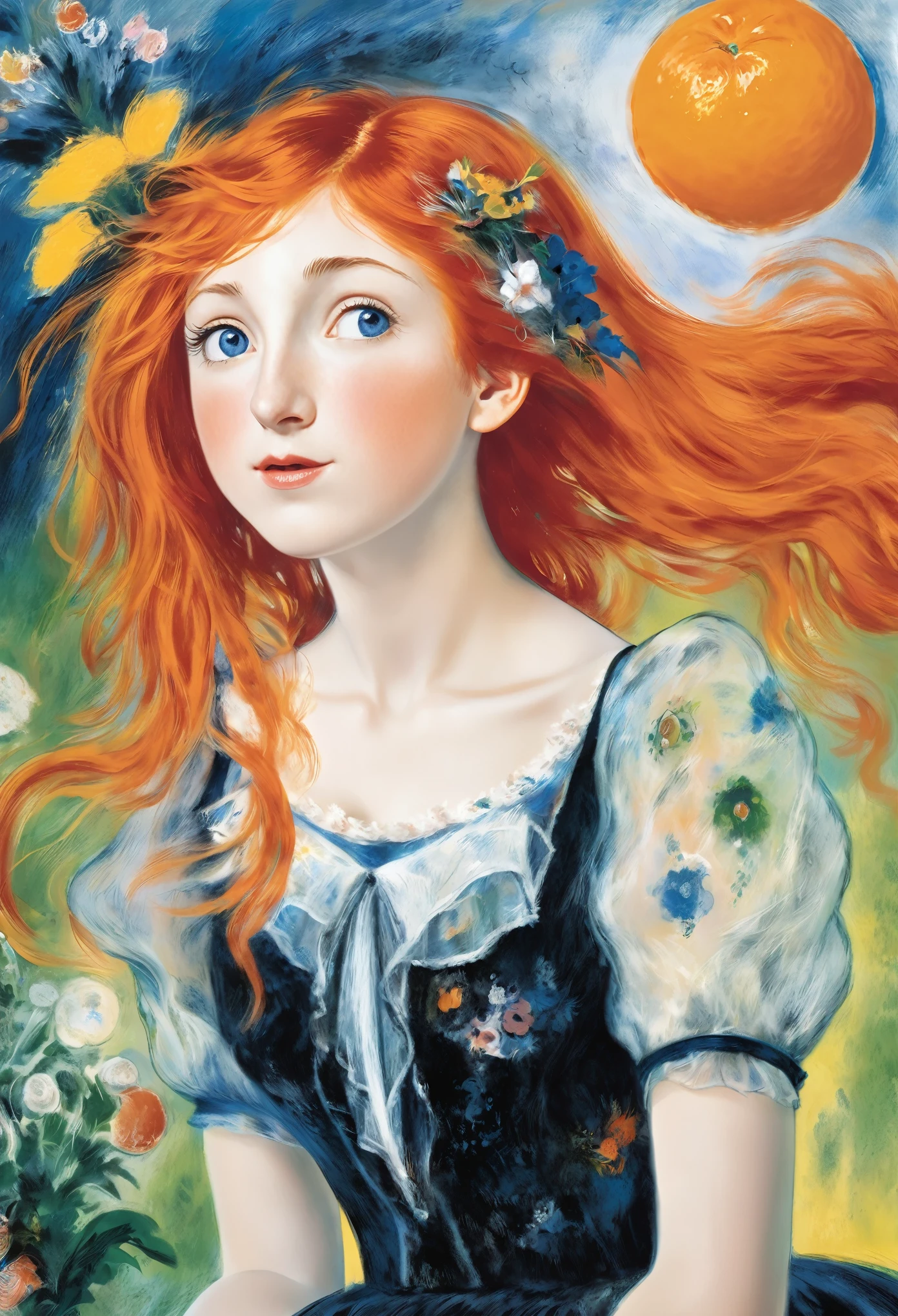 (embarrassed), red hair, orange hair, WeriArt Style, 1girl, blush, upper body, highly detailed eyes, hires, collarbone, frilled dress, open mouth ((The glitch effect)) ((Marc Chagall style)), magic naive art, primitivism, protogen, ((best quality, Masterpiece)), ((Highest detail)), RAW:1,1, 8k