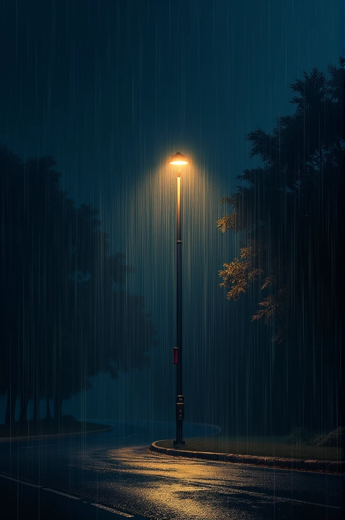 Un lampadaire dans la nuit noir avec une pluie battante par dessus. La pluie doit être très bien détaillé et travailler. Les couleurs de la pluie et du lampadaire doivent être très vive et ressortir par rapport à la nuit noire dans un style graphique. Bande dessinée 2D