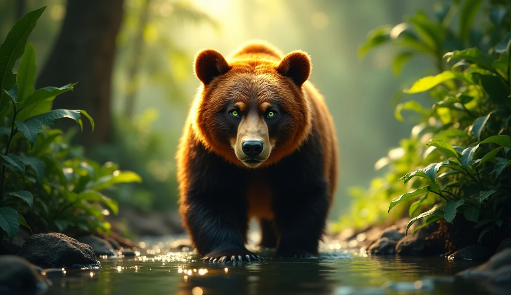 bear captured in a lush green jungle, the bear is in the middle of the photo, lively gaze, with a reflection of water. longing shot, head down and looking straight ahead, the bear's fur is a bright orange and black, with a lively gaze and striking green eyes. The image is sharp and detailed, creating a sense of depth and focus on the bear, breathtaking images, high definition. (ultra realistic) extreme details, (best quality, 4k, 8k, high resolution, masterpiece: 1.5)