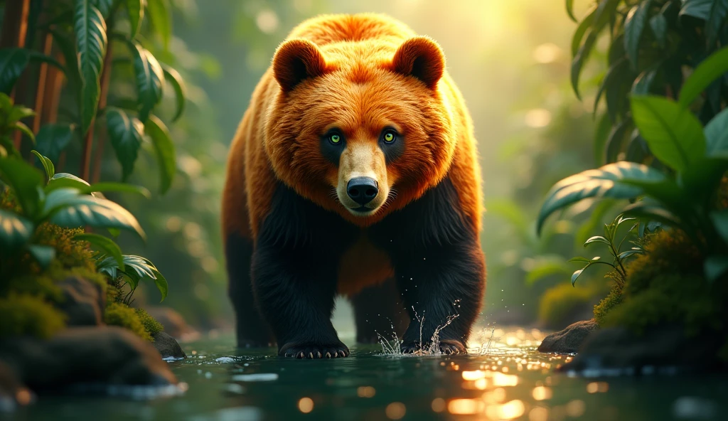 bear captured in a lush green jungle, the bear is in the middle of the photo, lively gaze, with a reflection of water. longing shot, head down and looking straight ahead, the bear's fur is a bright orange and black, with a lively gaze and striking green eyes. The image is sharp and detailed, creating a sense of depth and focus on the bear, breathtaking images, high definition. (ultra realistic) extreme details, (best quality, 4k, 8k, high resolution, masterpiece: 1.5)