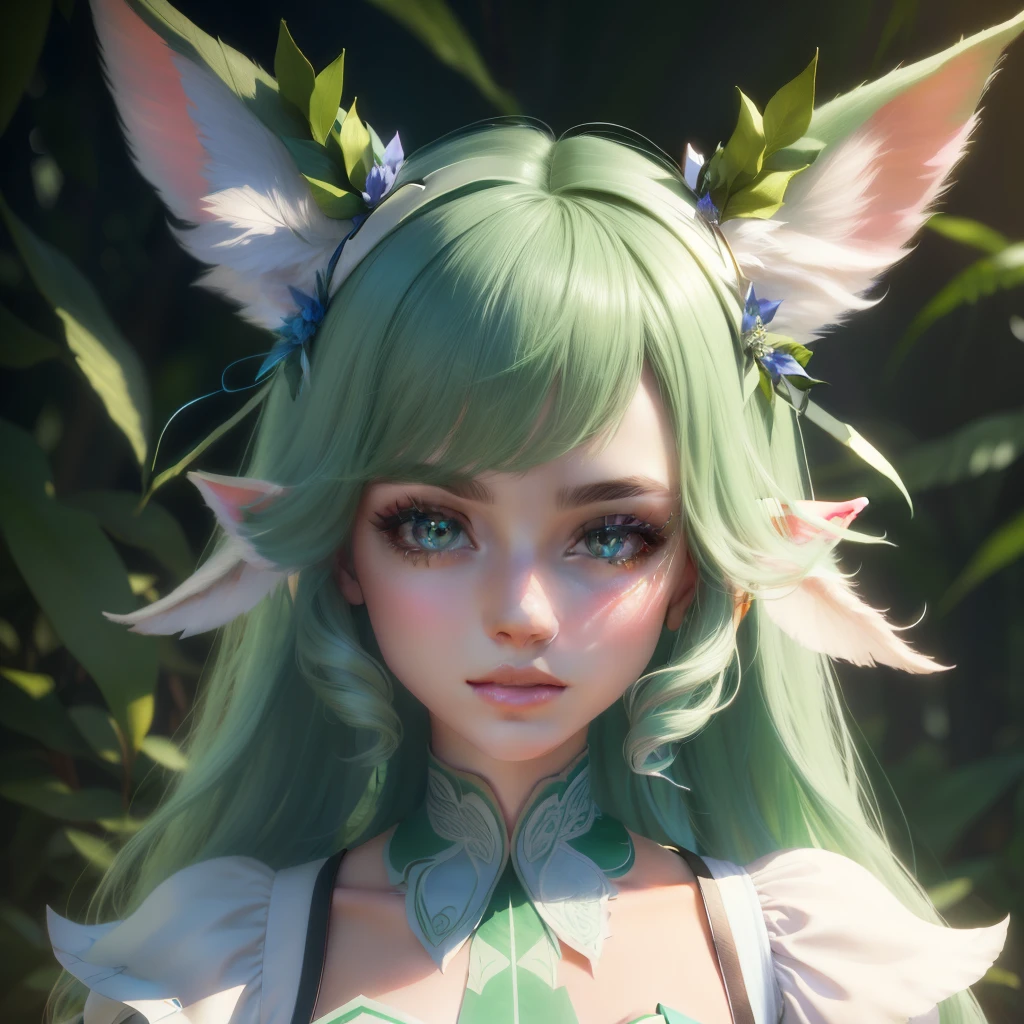 Front-facing portrait symmetric A cute leafeon vtuber with beautiful detailed eyes, beautiful detailed lips, extremely detailed face, long eyelashes, androgynous appearance, soft pastel colors, fantasy, 3D render, cinematic lighting, ethereal, whimsical, magical, glowing, mystical, fantasy forest, vibrant colors, lush vegetation, mesmerizing, elegant, dreamlike, serene, magical realism