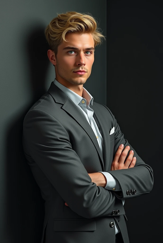 Dibujo realista de un hombre joven sonriendo sideways, green eyed blonde, clean face, extremely handsome, with a grey suit, , with ears , recostado en un pared negra sideways con los brazos cruzados, sideways, phosphorescent light
