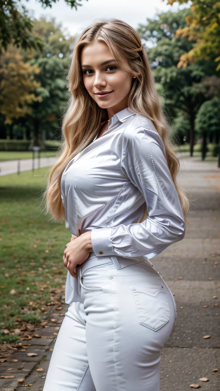 Realistic full body photo of a smiling, beautiful blonde woman with long hair, She dances in front of the camera in a satin shirt and tight, elegant white tight jeans ...., fine fabrics, Park,glamour fotoshooting, Park, perfect anatomy, perfect blue eyes. Perfect hands with 5 fingers on each hand, Suitable woman, looking at the camera, 1 Frau. (Eye make up:1.1), (highly detailed skin:1.1), spirit, analog style, keen focus, 8K UHD, dslr, good quality, Fujifilm XT3, Grain, Award-winning, masterpiece. Park